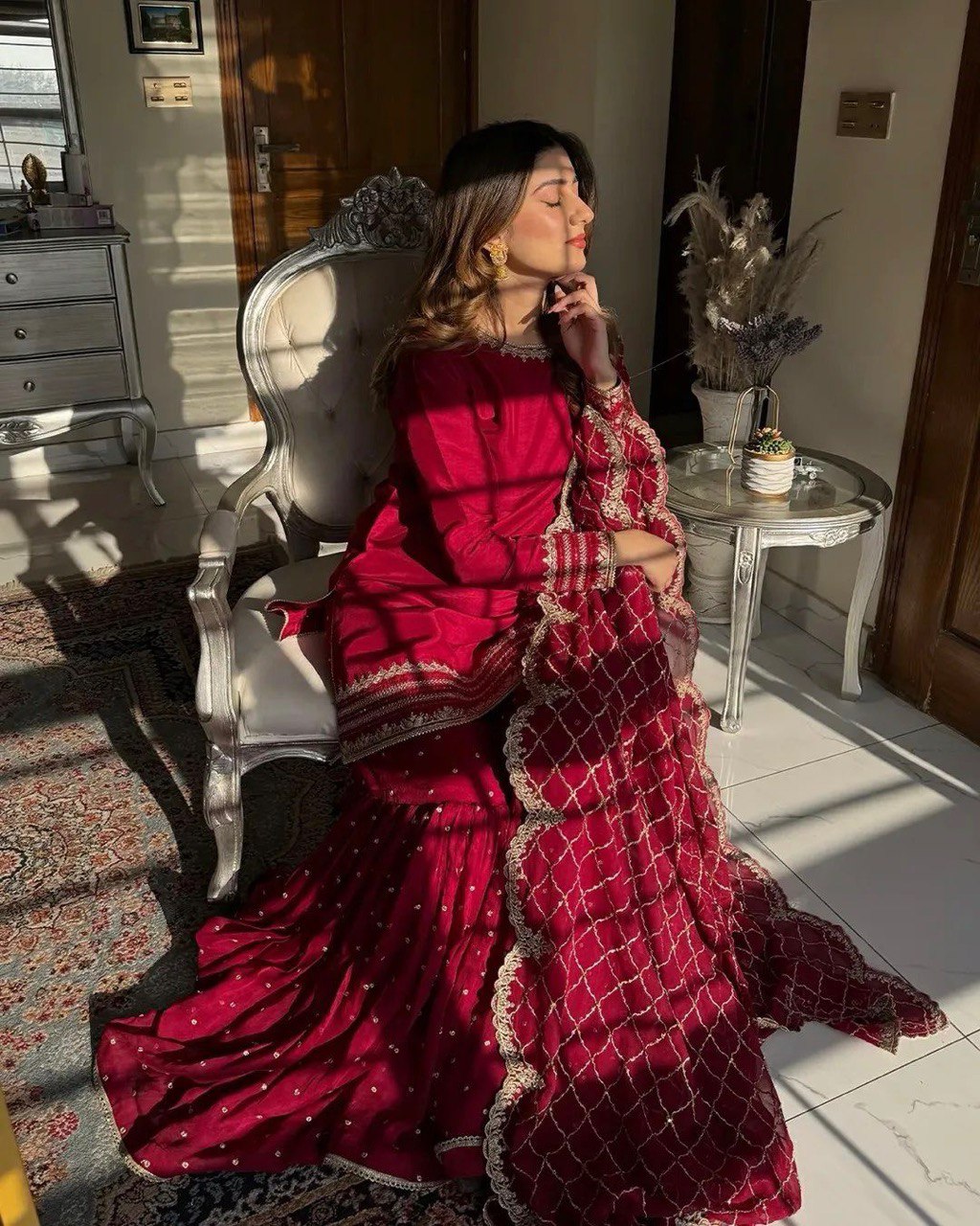 Royal Radiance in Maroon Faux Georgette Sharara Ensemble with Matching Dupatta - Jaipuri Vastra