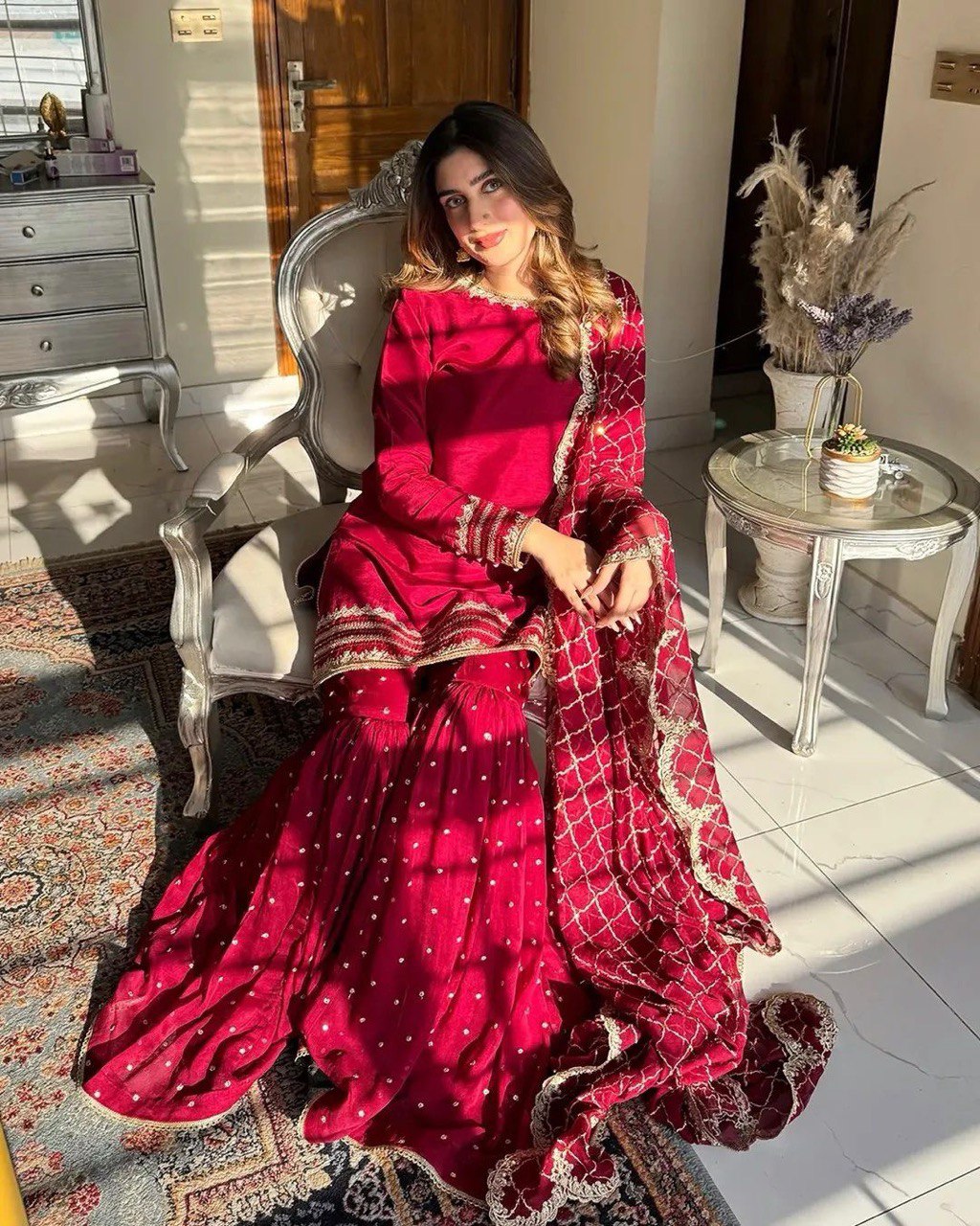 Royal Radiance in Maroon Faux Georgette Sharara Ensemble with Matching Dupatta - Jaipuri Vastra