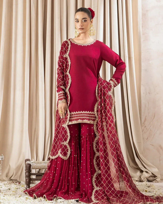 Royal Radiance in Maroon Faux Georgette Sharara Ensemble with Matching Dupatta - Jaipuri Vastra