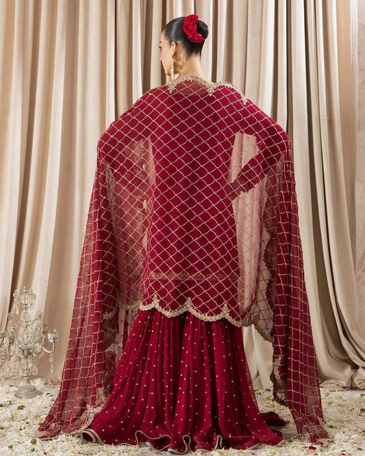 Royal Radiance in Maroon Faux Georgette Sharara Ensemble with Matching Dupatta - Jaipuri Vastra