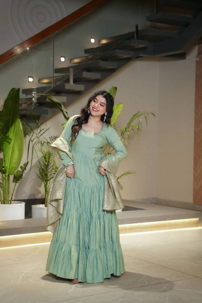 Pure Chanderi Anarkali Suit in Roman Silk with Flare, Paired with Dupatta and Bottoms - Jaipuri Vastra