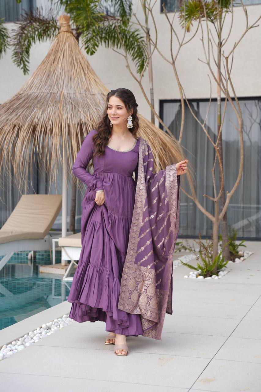 Pure Chanderi Anarkali Suit in Roman Silk with Flare, Paired with Dupatta and Bottoms - Jaipuri Vastra