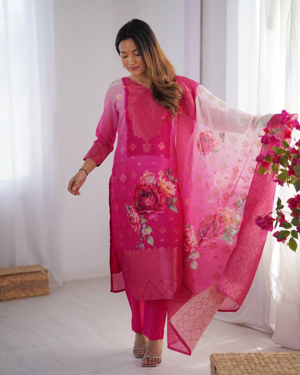 Chanderi Silk Jacquard Work and Digital Print Suit Set with Pant and Dupatta - Jaipuri Vastra