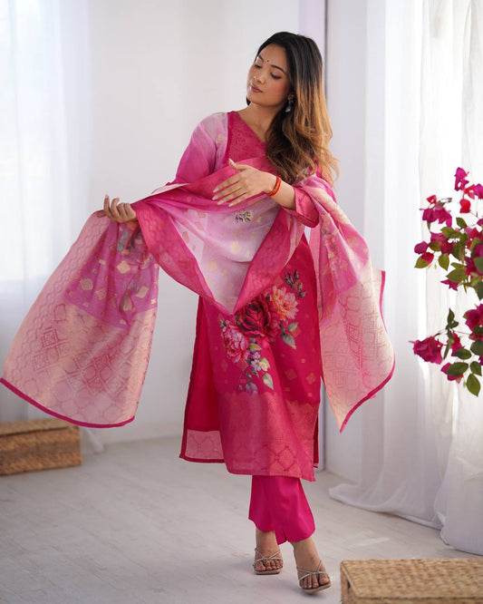 Chanderi Silk Jacquard Work and Digital Print Suit Set with Pant and Dupatta - Jaipuri Vastra