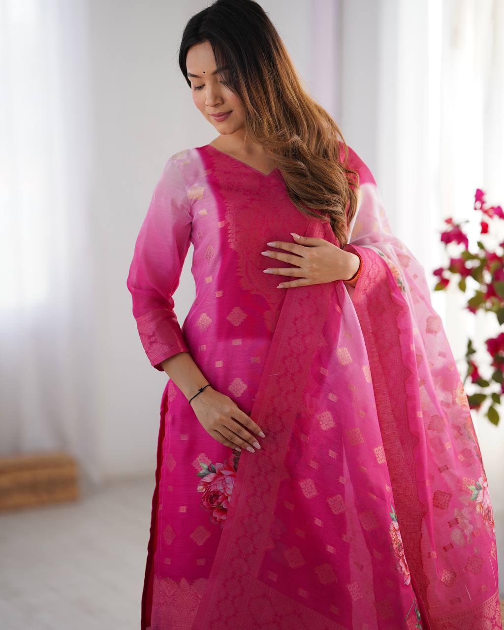 Chanderi Silk Jacquard Work and Digital Print Suit Set with Pant and Dupatta - Jaipuri Vastra