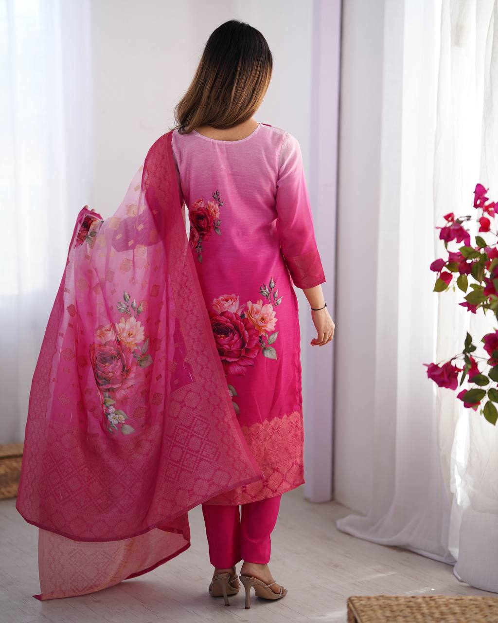 Chanderi Silk Jacquard Work and Digital Print Suit Set with Pant and Dupatta - Jaipuri Vastra