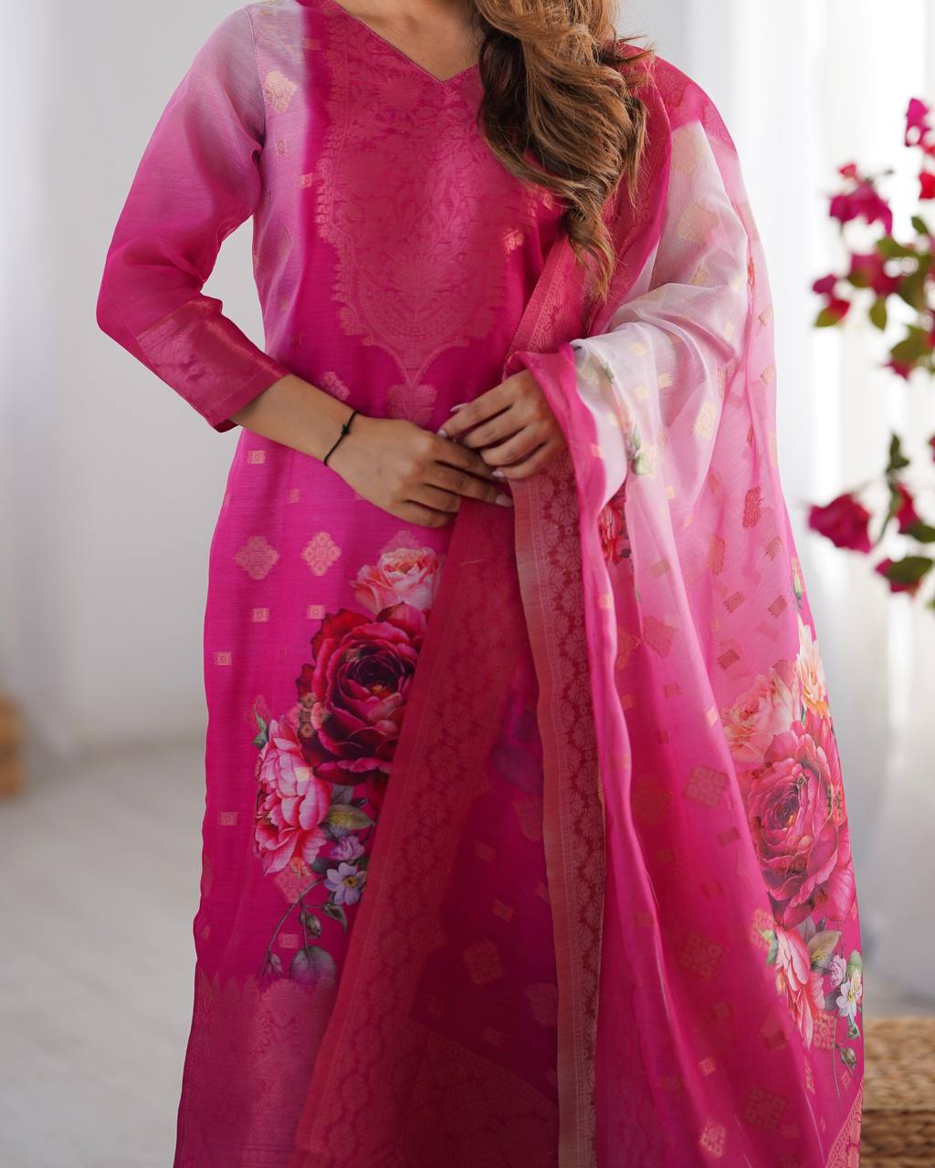 Chanderi Silk Jacquard Work and Digital Print Suit Set with Pant and Dupatta - Jaipuri Vastra