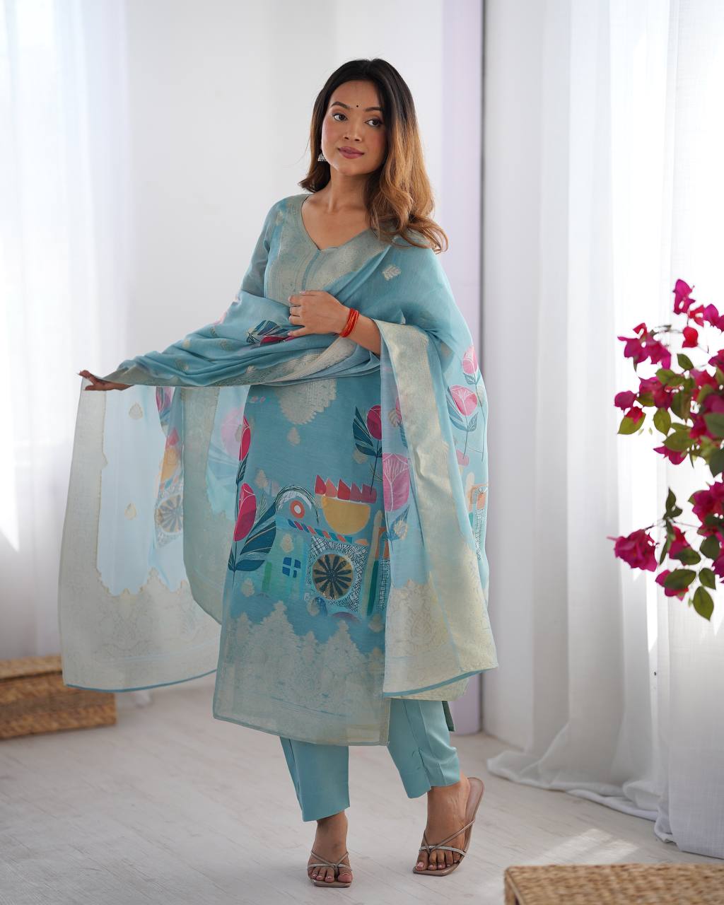 Chanderi Silk Jacquard Work and Digital Print Suit Set with Pant and Dupatta - Jaipuri Vastra