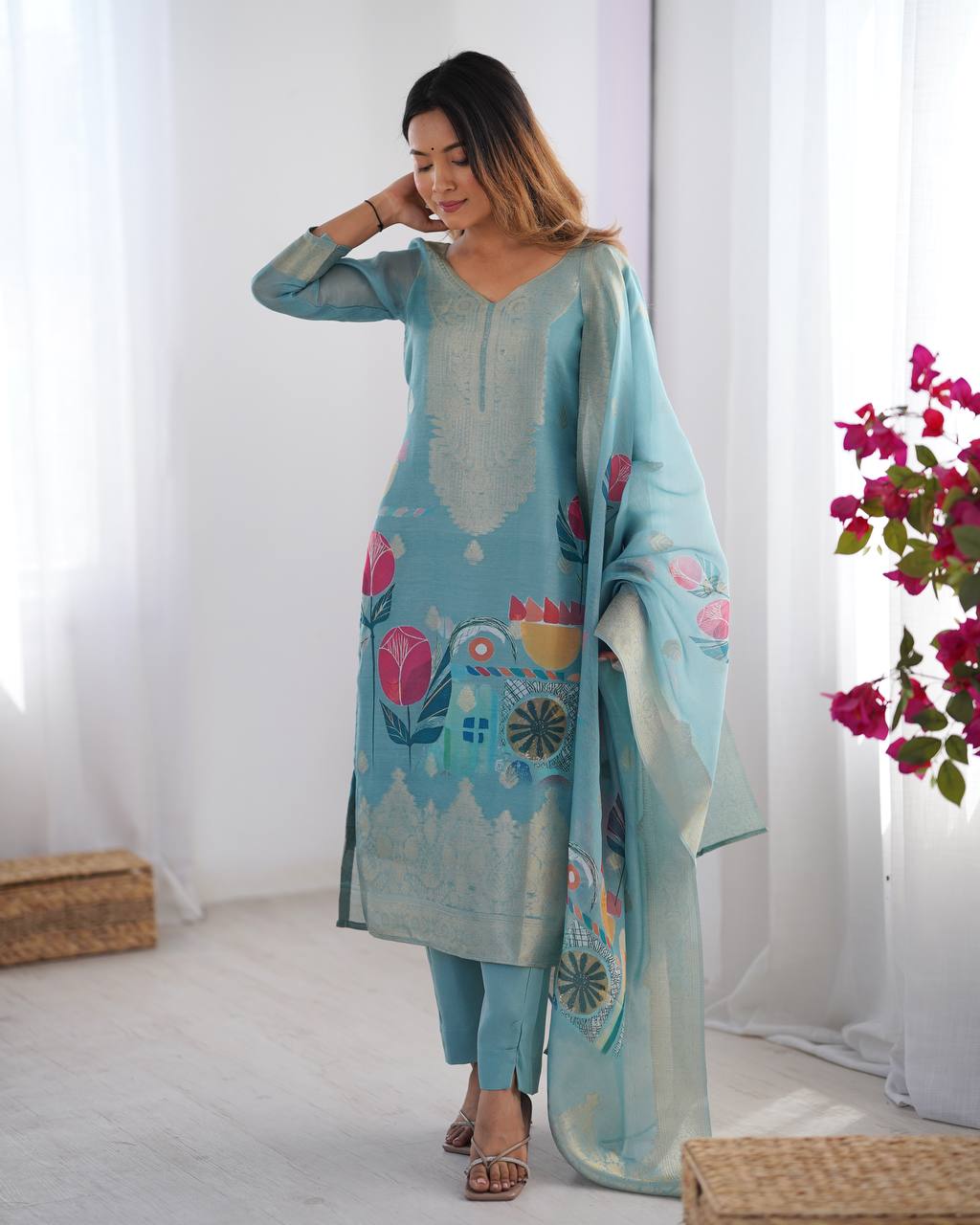 Chanderi Silk Jacquard Work and Digital Print Suit Set with Pant and Dupatta - Jaipuri Vastra