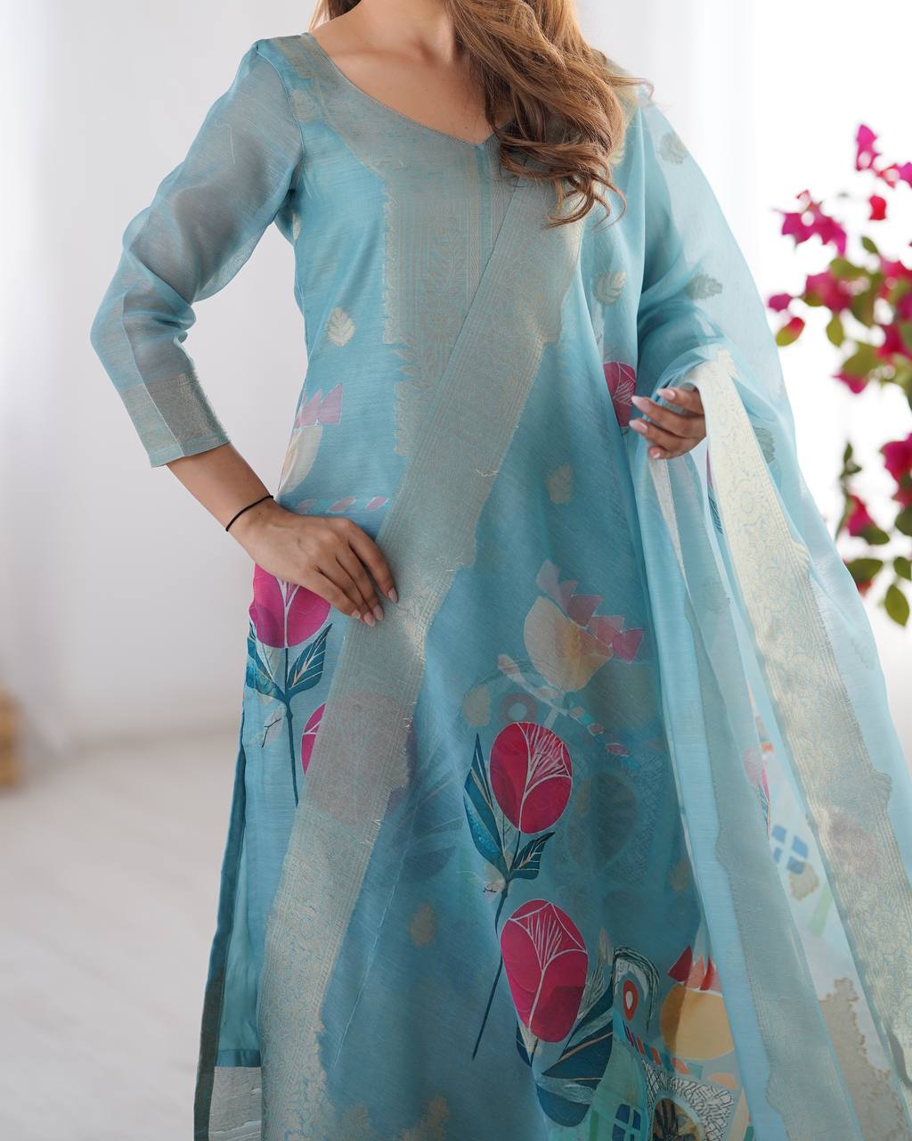 Chanderi Silk Jacquard Work and Digital Print Suit Set with Pant and Dupatta - Jaipuri Vastra