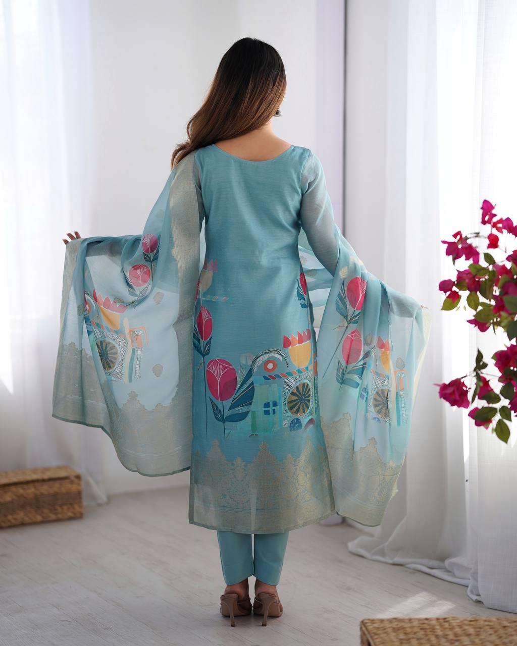 Chanderi Silk Jacquard Work and Digital Print Suit Set with Pant and Dupatta - Jaipuri Vastra