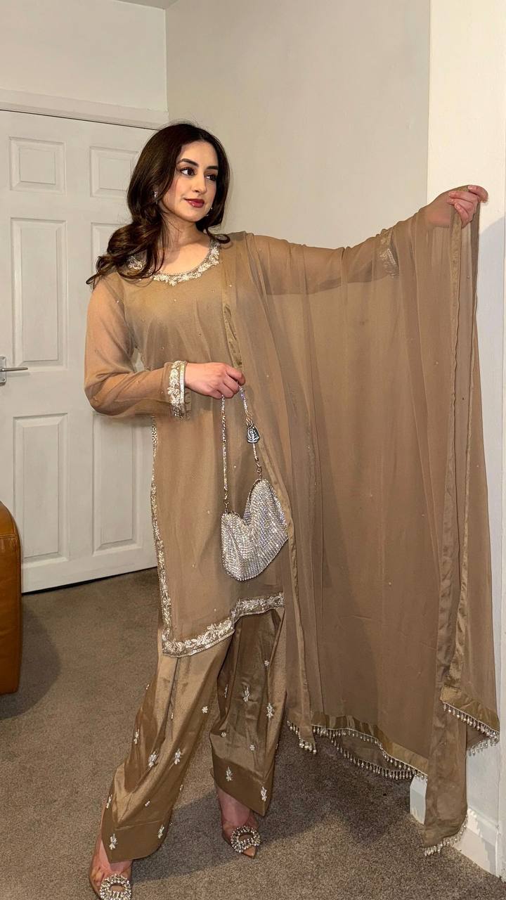 New Designer Faux Georgette Embroidered Top Farshi Pant Dupatta Set - Jaipuri Vastra