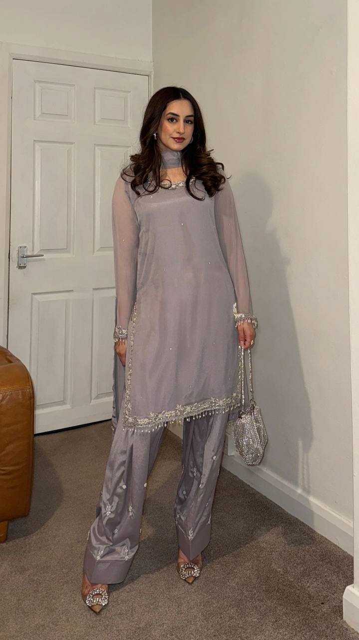New Designer Faux Georgette Embroidered Top Farshi Pant Dupatta Set - Jaipuri Vastra