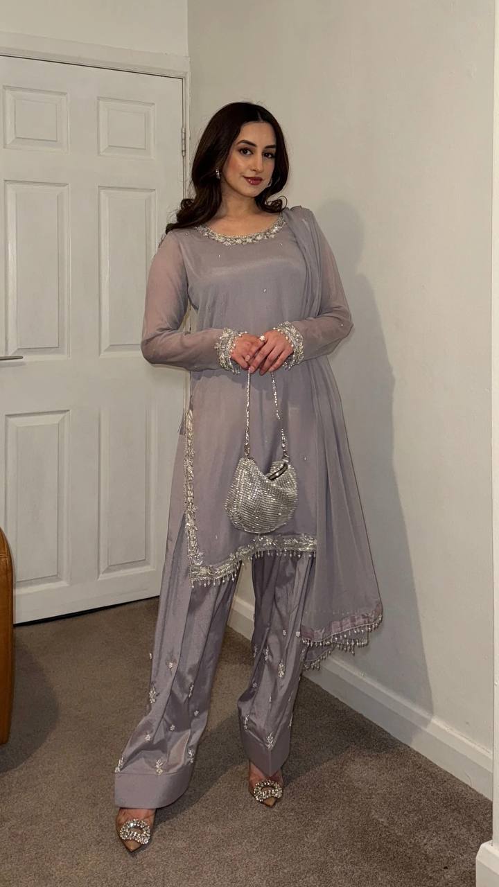 New Designer Faux Georgette Embroidered Top Farshi Pant Dupatta Set - Jaipuri Vastra