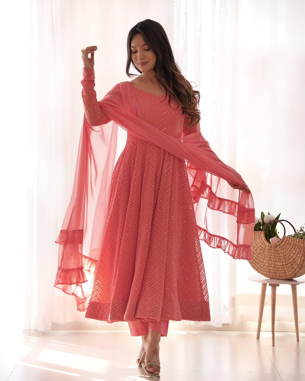 Fully Flared Kali Pattern Anarkali Set in Pure Soft Fox Georgette with Lucknowi Sequence Work - Jaipuri Vastra