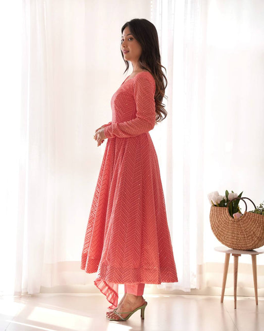 Fully Flared Kali Pattern Anarkali Set in Pure Soft Fox Georgette with Lucknowi Sequence Work - Jaipuri Vastra