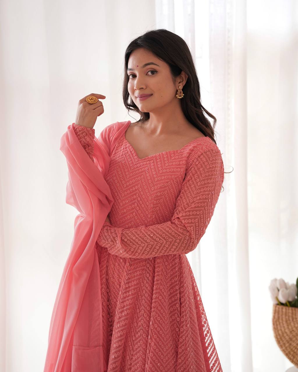 Fully Flared Kali Pattern Anarkali Set in Pure Soft Fox Georgette with Lucknowi Sequence Work - Jaipuri Vastra