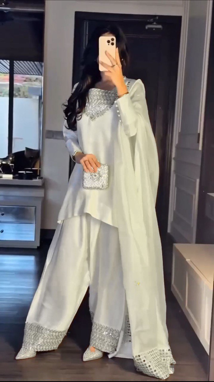 Pure White Chinon Silk Ensemble with Flared Palazzo and Graceful Dupatta - Jaipuri Vastra