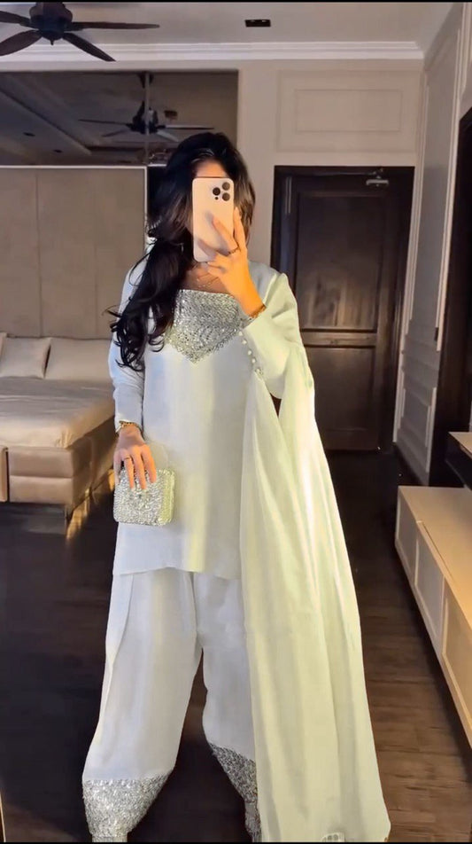 Pure White Chinon Silk Ensemble with Flared Palazzo and Graceful Dupatta - Jaipuri Vastra