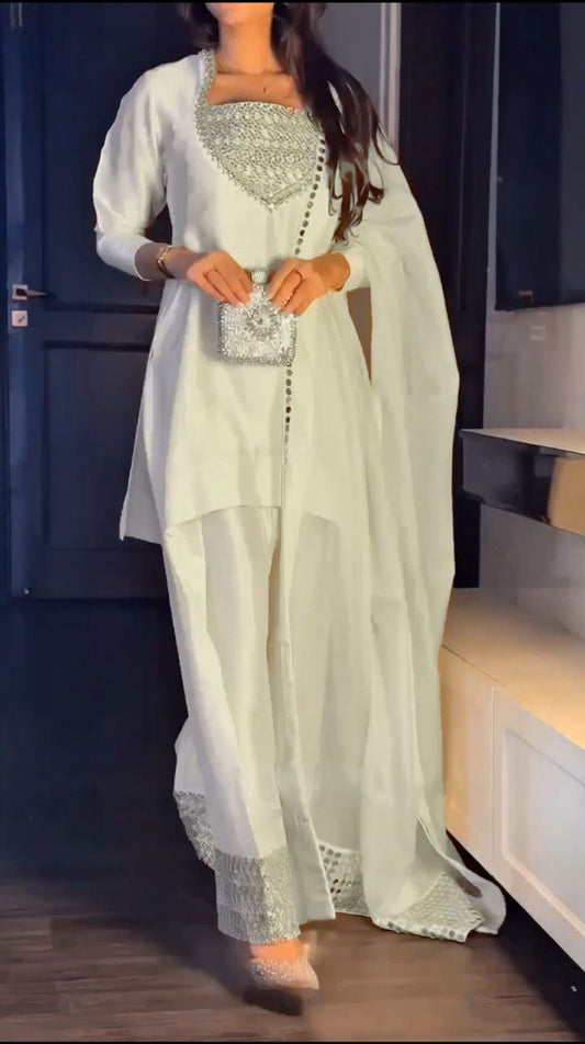 Pure White Chinon Silk Ensemble with Flared Palazzo and Graceful Dupatta - Jaipuri Vastra