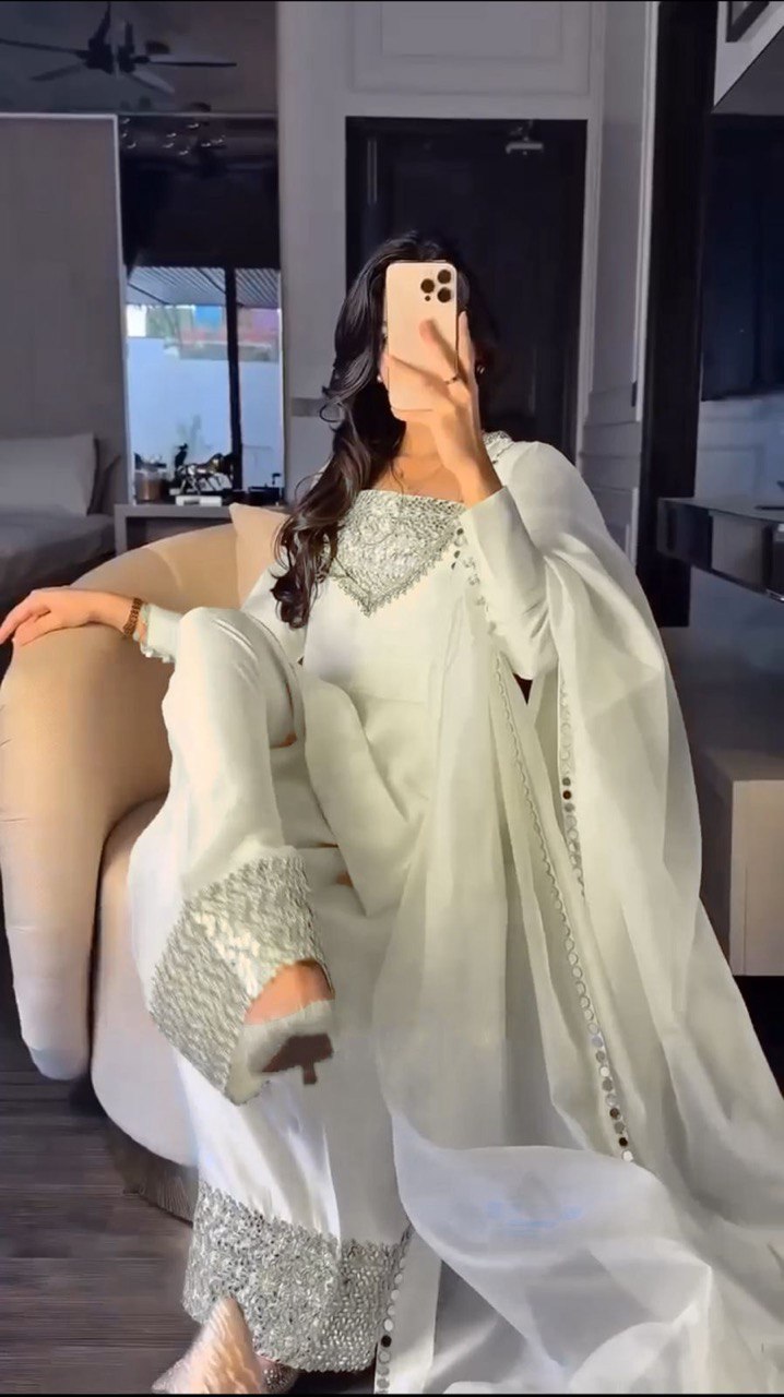 Pure White Chinon Silk Ensemble with Flared Palazzo and Graceful Dupatta - Jaipuri Vastra