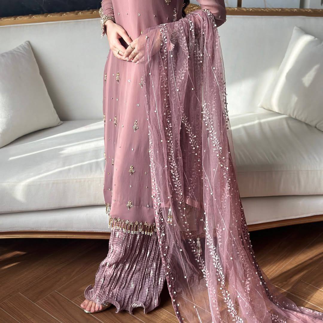 New Designer Faux Georgette Embroidered Top Bottom Dupatta Set in Rose Pink - Jaipuri Vastra