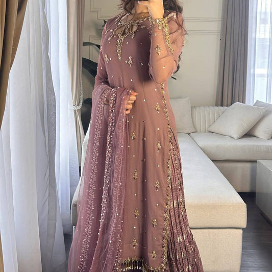 New Designer Faux Georgette Embroidered Top Bottom Dupatta Set in Rose Pink - Jaipuri Vastra