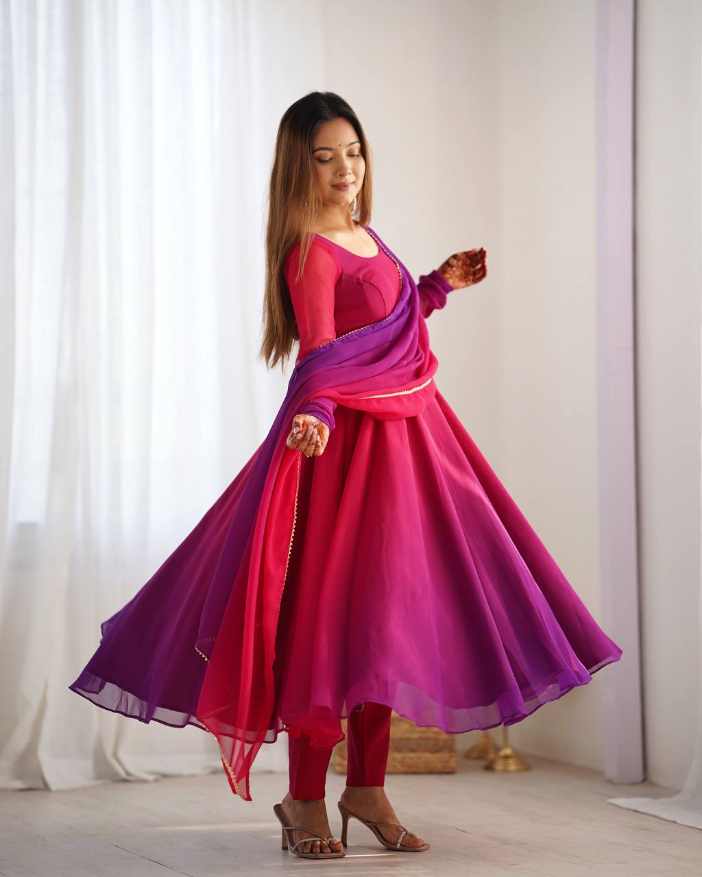 Fully Flared Soft Fox Georgette Anarkali with Coordinated Dupatta and Pant for Elegant Summer Wear - Jaipuri Vastra
