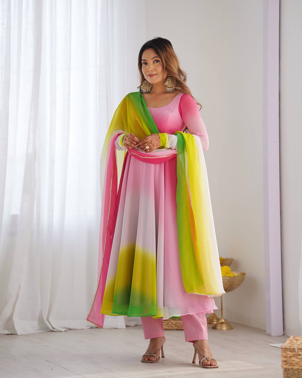 Fully Flared Soft Fox Georgette Anarkali with Coordinated Dupatta and Pant for Elegant Summer Wear - Jaipuri Vastra