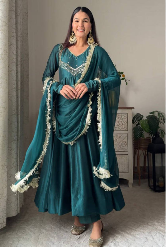 Designer Party Wear Star Georgette Gown with Pant and Embroidery Work