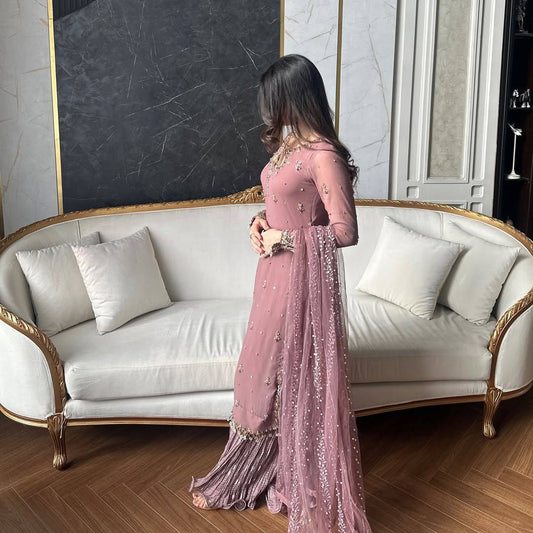 New Designer Faux Georgette Embroidered Top Bottom Dupatta Set in Rose Pink - Jaipuri Vastra