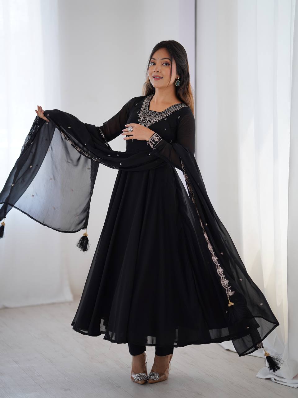 Designer Faux Georgette Anarkali Set with Embroidery, Bead and Zari Detailing - Jaipuri Vastra