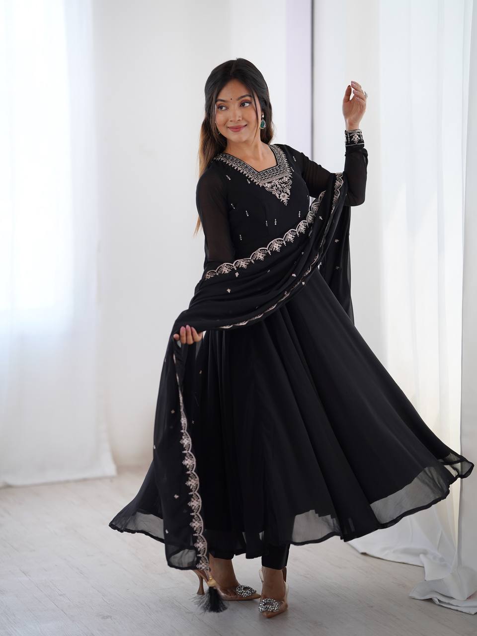 Designer Faux Georgette Anarkali Set with Embroidery, Bead and Zari Detailing - Jaipuri Vastra