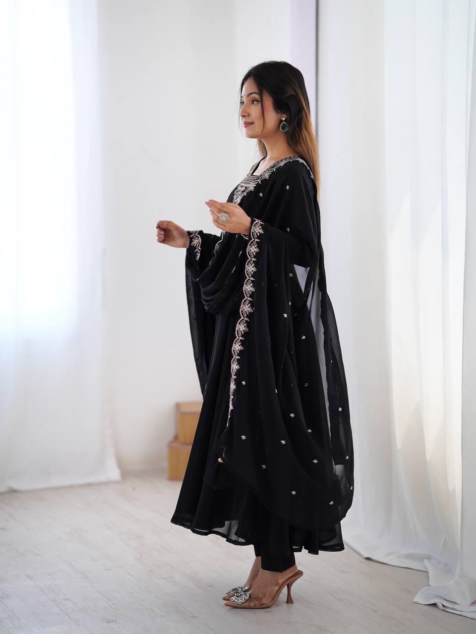 Designer Faux Georgette Anarkali Set with Embroidery, Bead and Zari Detailing - Jaipuri Vastra