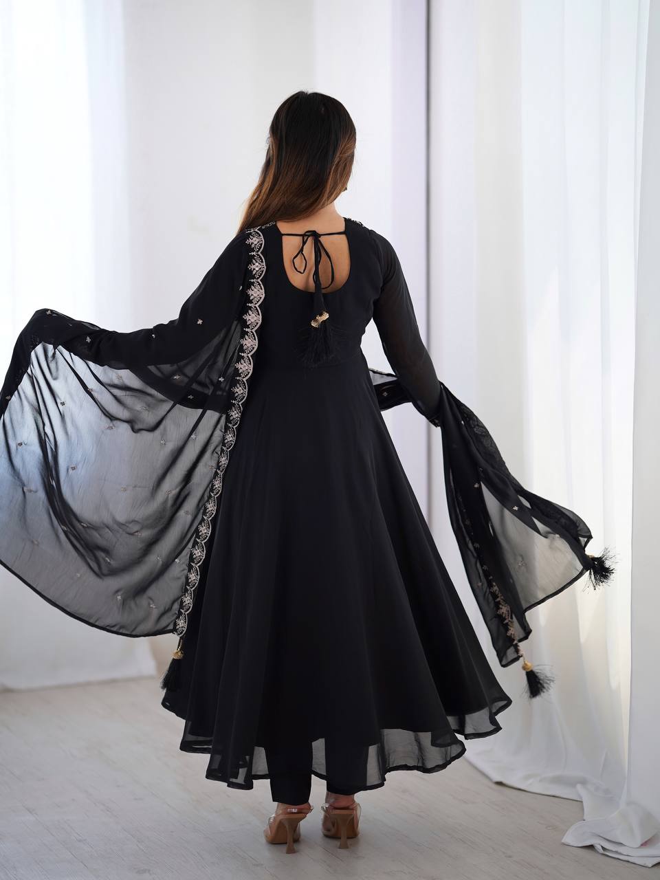 Designer Faux Georgette Anarkali Set with Embroidery, Bead and Zari Detailing - Jaipuri Vastra