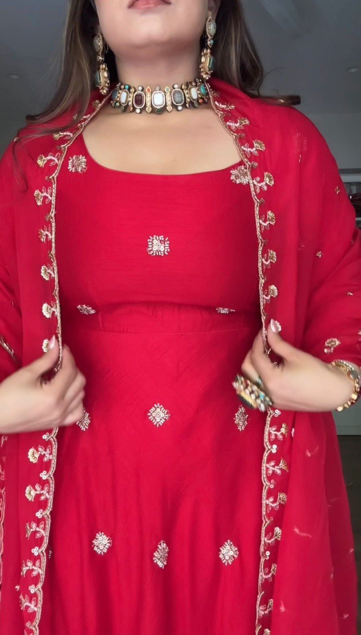 Designer Faux Georgette Ensemble with Hand Embellished Beads and Moti, Thread & Sequin Work, and Lace Border Dupatta