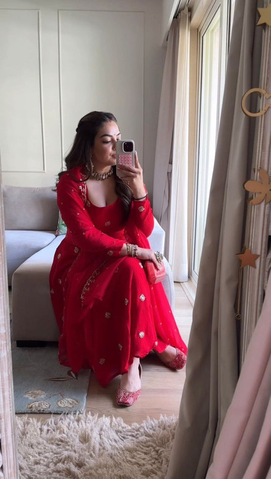 Designer Faux Georgette Ensemble with Hand Embellished Beads and Moti, Thread & Sequin Work, and Lace Border Dupatta