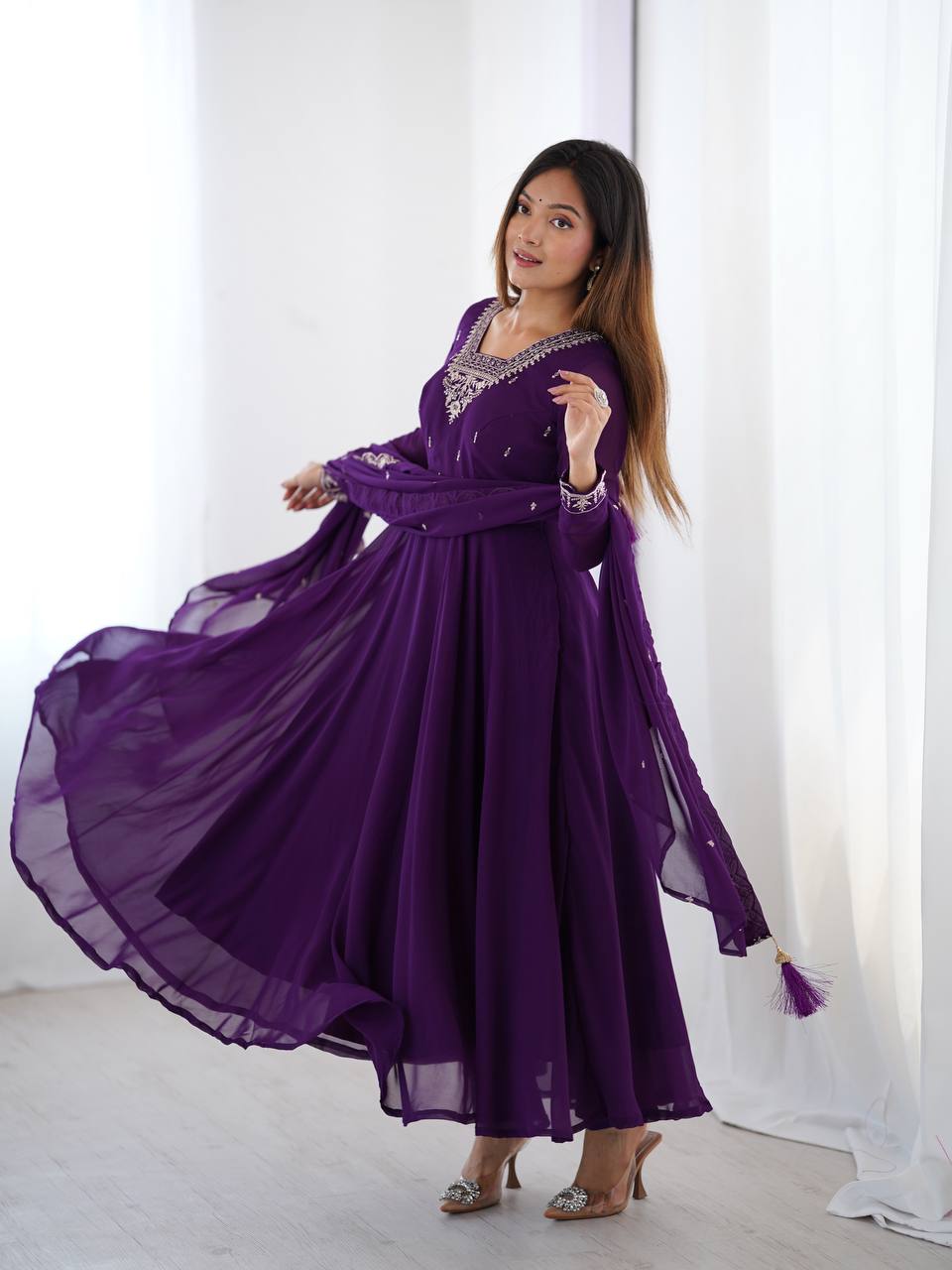 Designer Faux Georgette Anarkali Set with Embroidery, Bead and Zari Detailing - Jaipuri Vastra