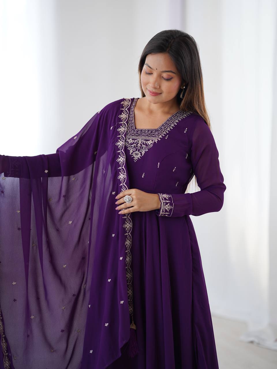 Designer Faux Georgette Anarkali Set with Embroidery, Bead and Zari Detailing - Jaipuri Vastra