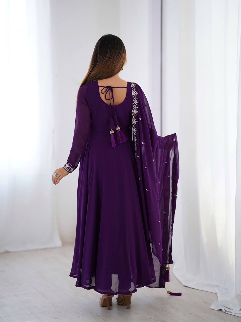 Designer Faux Georgette Anarkali Set with Embroidery, Bead and Zari Detailing - Jaipuri Vastra