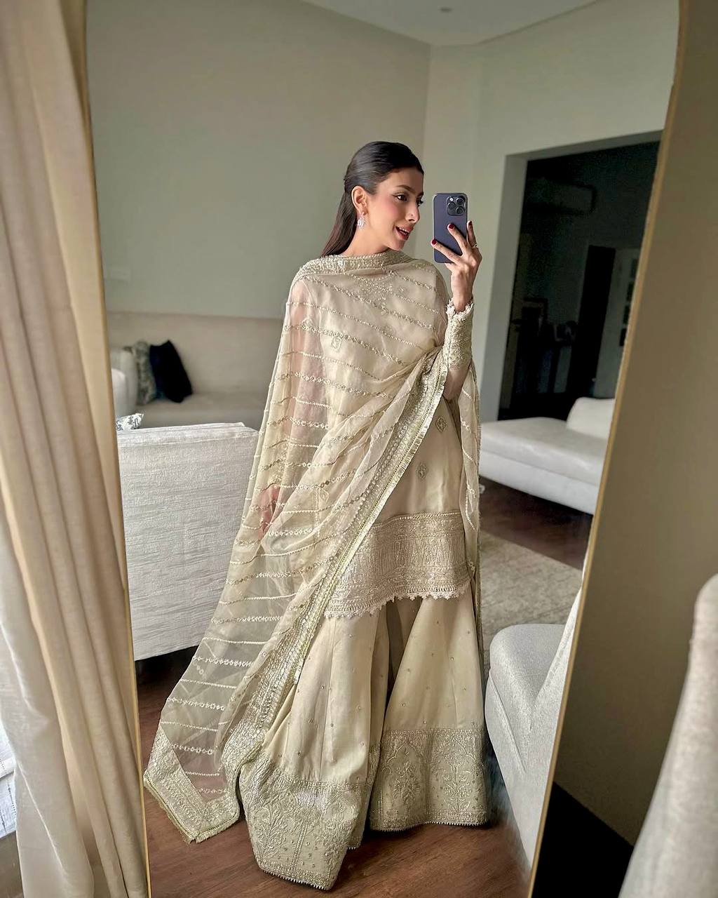 Stylish Party Wear Tabby Organza Sharara Suit Set with Heavy Embroidery and Cream Dupatta - Jaipuri Vastra