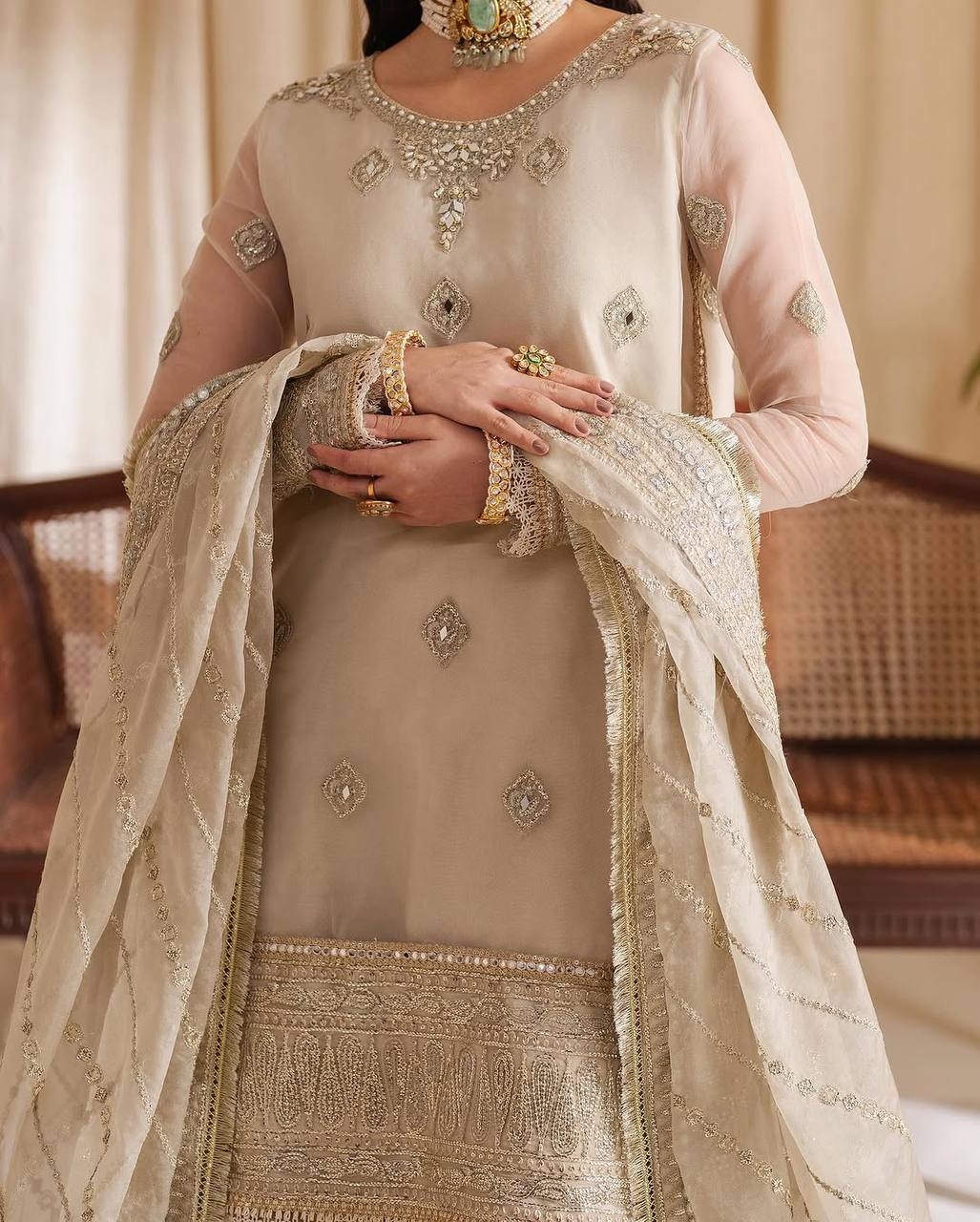 Stylish Party Wear Tabby Organza Sharara Suit Set with Heavy Embroidery and Cream Dupatta - Jaipuri Vastra