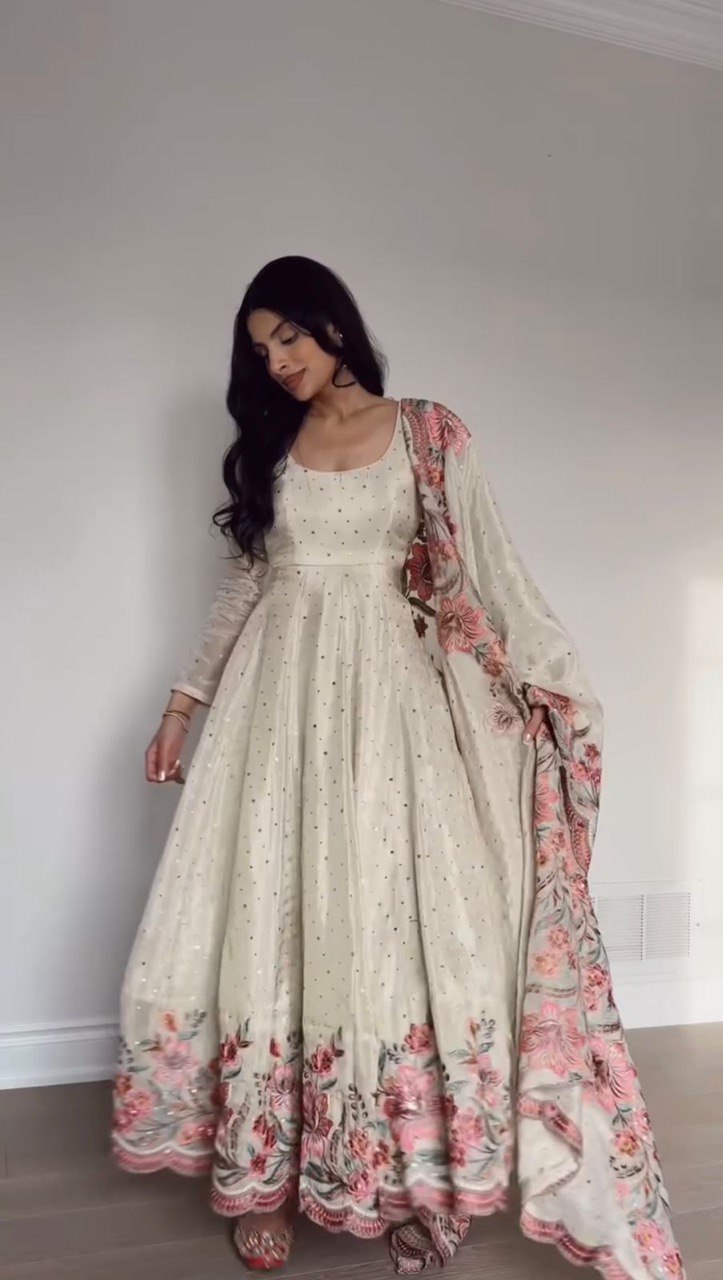 Chinon Silk Off White Three-Piece Set Featuring Sleek Pant and Subtle Dupatta - Jaipuri Vastra