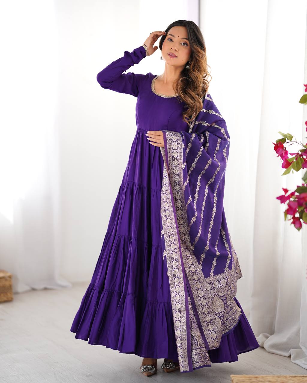 Pure Chanderi Anarkali Suit in Roman Silk with Flare, Paired with Dupatta and Bottoms - Jaipuri Vastra
