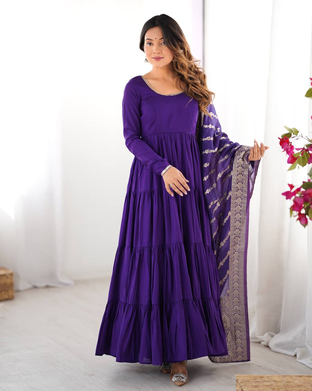 Pure Chanderi Anarkali Suit in Roman Silk with Flare, Paired with Dupatta and Bottoms - Jaipuri Vastra
