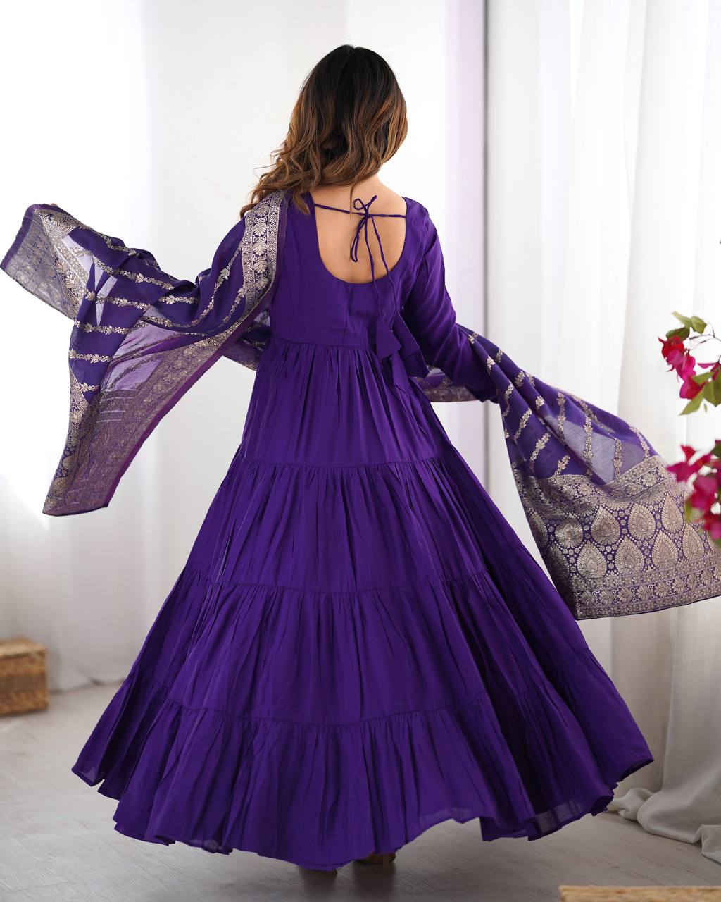 Pure Chanderi Anarkali Suit in Roman Silk with Flare, Paired with Dupatta and Bottoms - Jaipuri Vastra