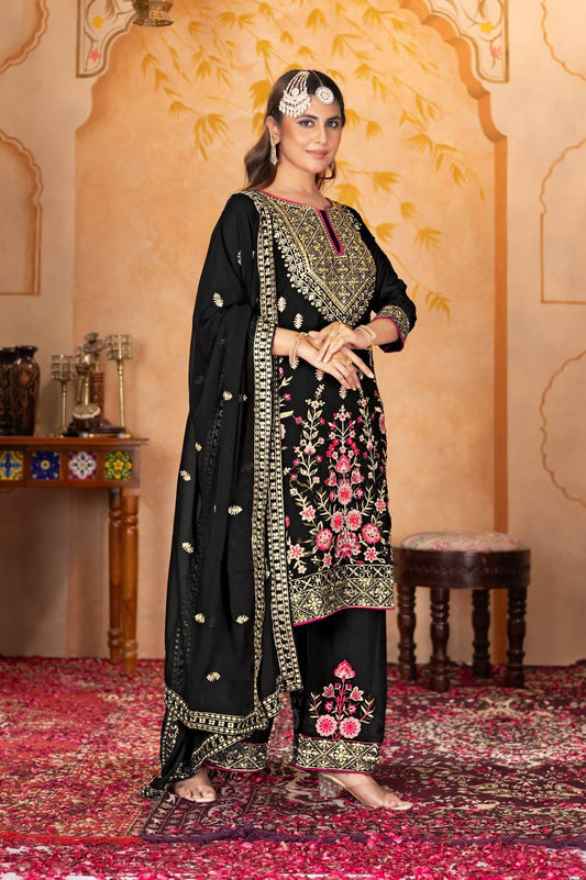 Stylish Party Wear Suit Set with Embroidered Faux Georgette Top, Palazzo and Matching Dupatta - Jaipuri Vastra
