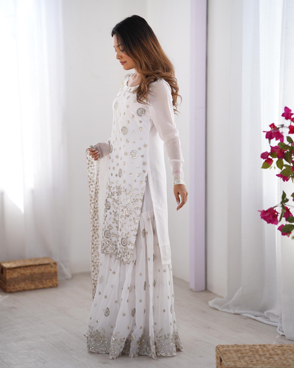 Elegant Star Georgette Sharara Suit with Front and Back Thread Sequin Work and Dupatta - Jaipuri Vastra