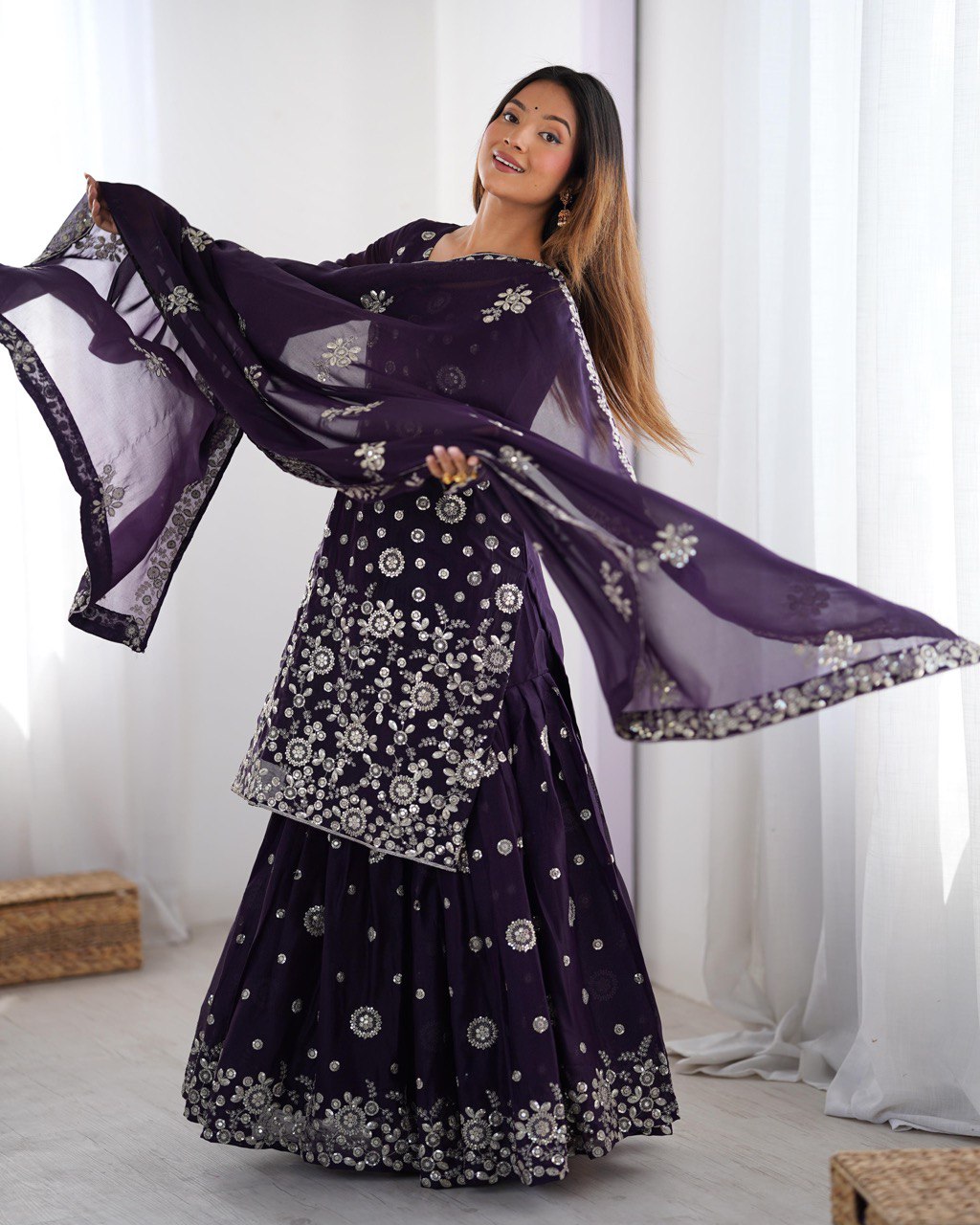 Elegant Star Georgette Sharara Suit with Front and Back Thread Sequin Work and Dupatta - Jaipuri Vastra
