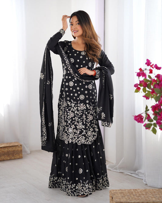 Elegant Star Georgette Sharara Suit with Front and Back Thread Sequin Work and Dupatta - Jaipuri Vastra